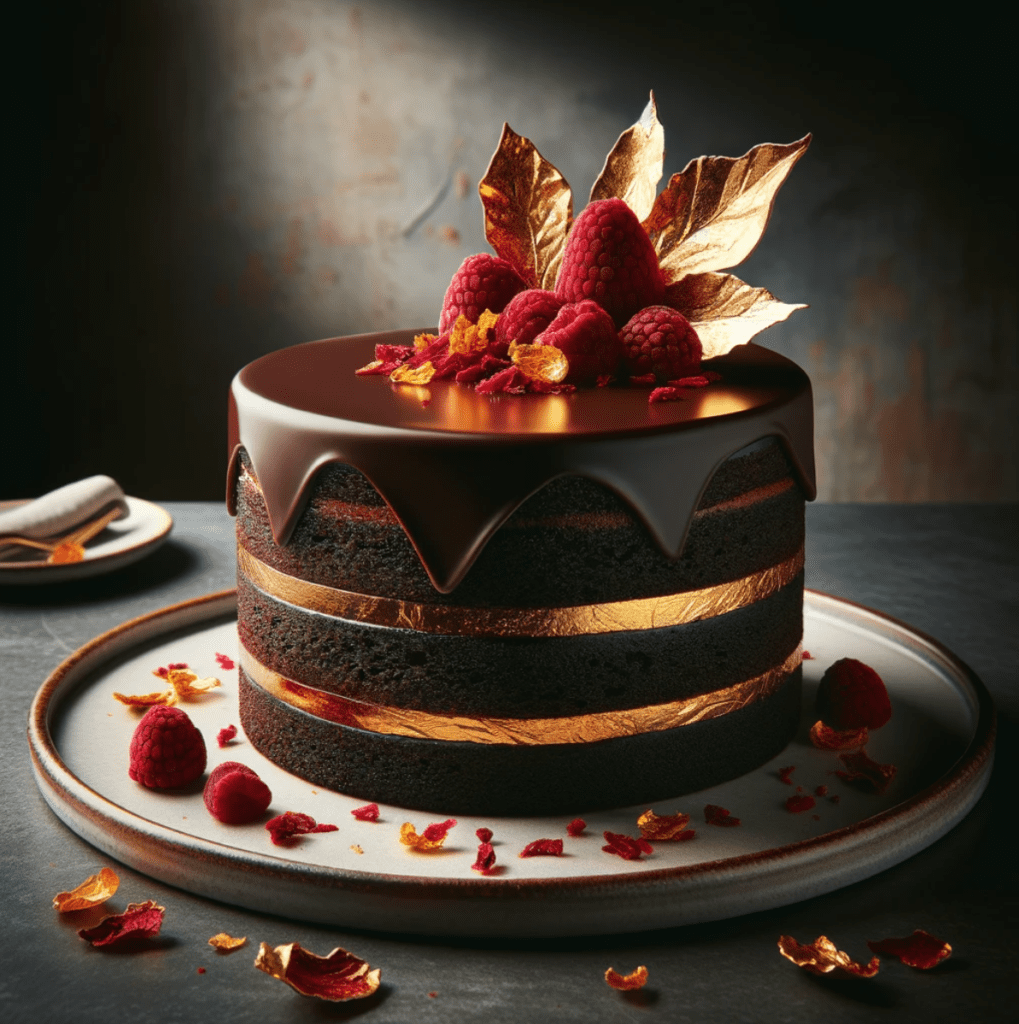 Visualize a decadent chocolate cake with layers of rich, moist sponge, enveloped in glossy dark chocolate ganache, adorned with edible gold leaf and vibrant freeze-dried raspberries, embodying the innovative capabilities of Recipe Visualizer GPT.